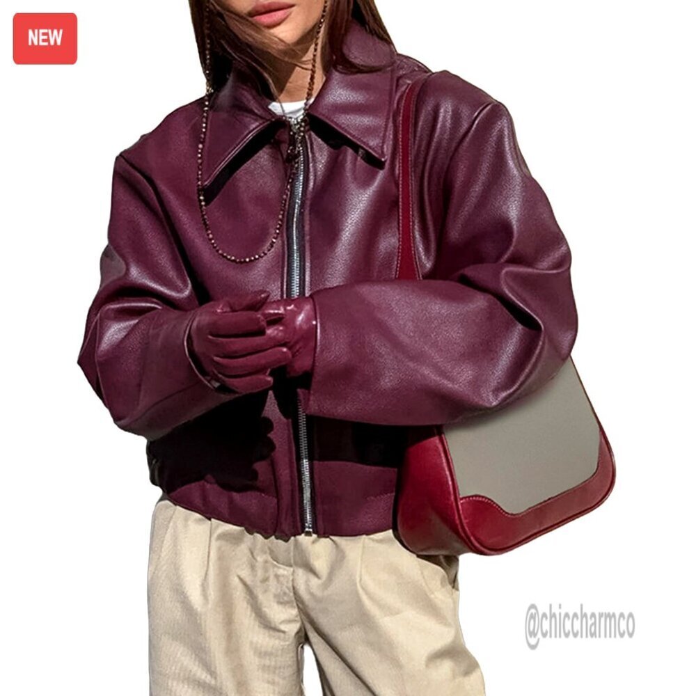 Leather Bomber Jacket Zip Up Motorcycle Style Winter Coat Trendy Outerwear